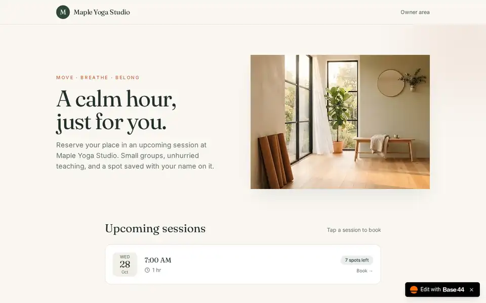 Base44's live SlotKeeper home page on a laptop, headline "A calm hour, just for you."