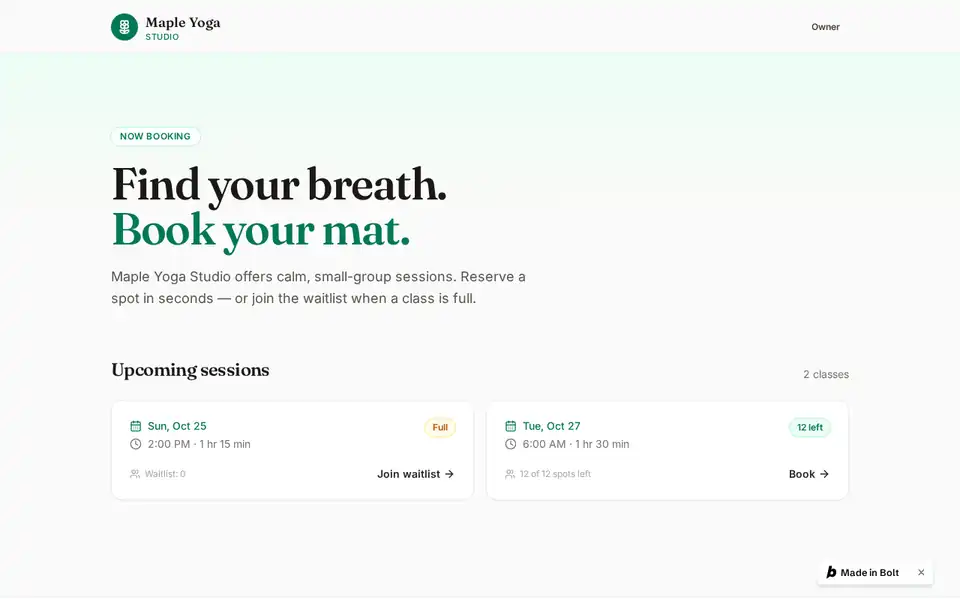 Bolt.new's live SlotKeeper home page on a laptop, headline "Find your breath. Book your mat."