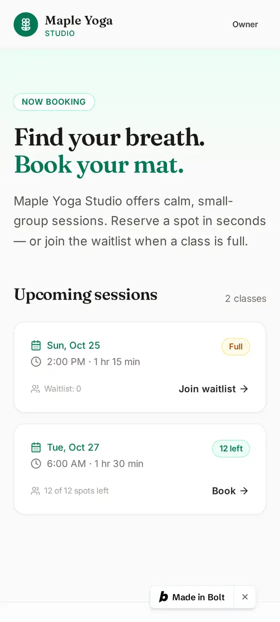 Bolt.new's live SlotKeeper home page on a phone, headline "Find your breath. Book your mat."