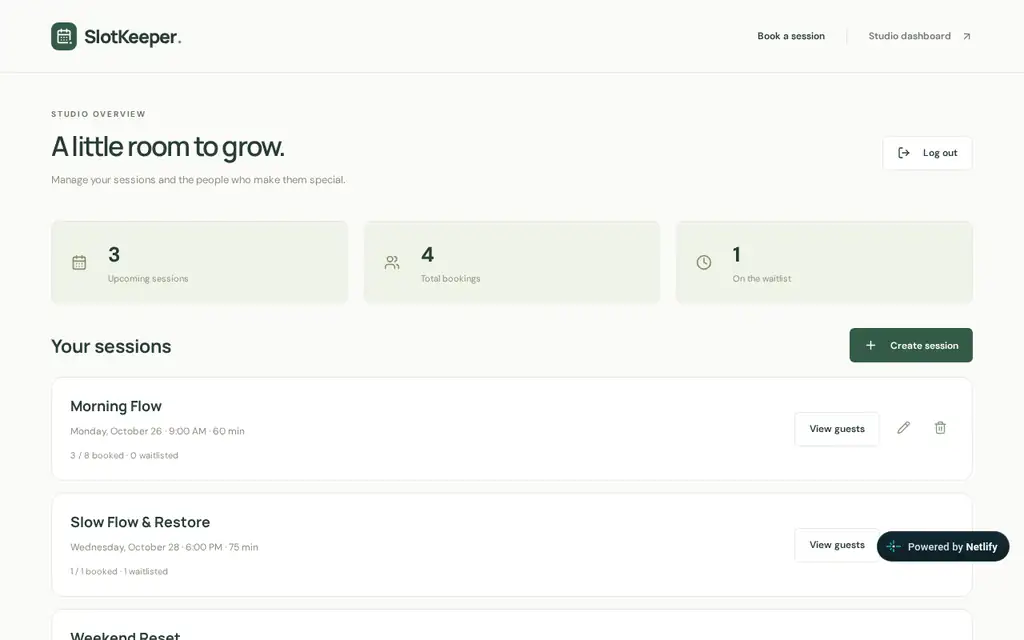 Codex-built owner dashboard headed "A little room to grow." with tiles for 3 upcoming sessions, 4 bookings and 1 on the waitlist, above a session list