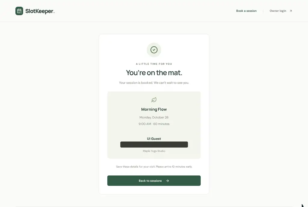 Codex-built confirmation reading "You're on the mat." for Morning Flow, Monday, October 26, 9:00 AM, with the test email redacted