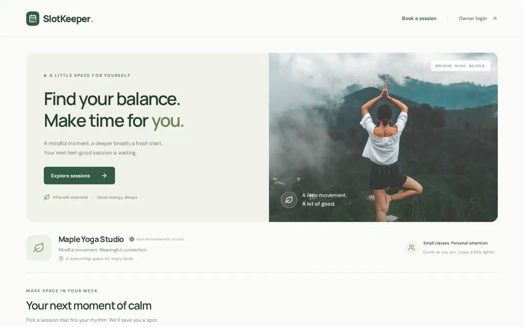 Codex-built SlotKeeper home page on desktop: the headline "Find your balance. Make time for you." beside a photo of a woman in a tree pose above misty hills