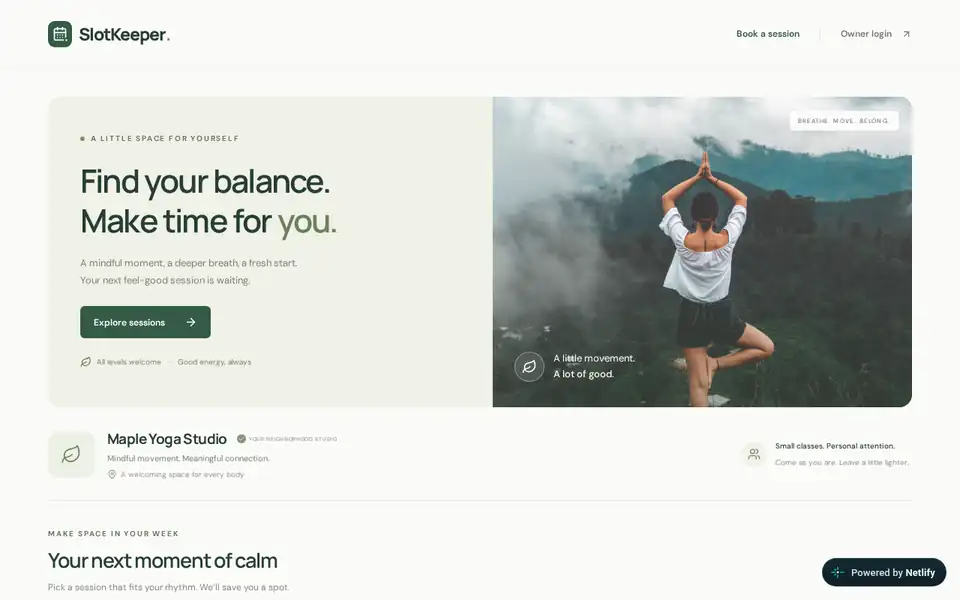 ChatGPT Codex's live SlotKeeper home page on a laptop, headline "Find your balance. Make time for you."
