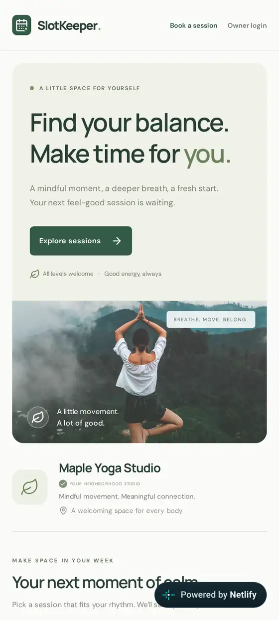 ChatGPT Codex's live SlotKeeper home page on a phone, headline "Find your balance. Make time for you."