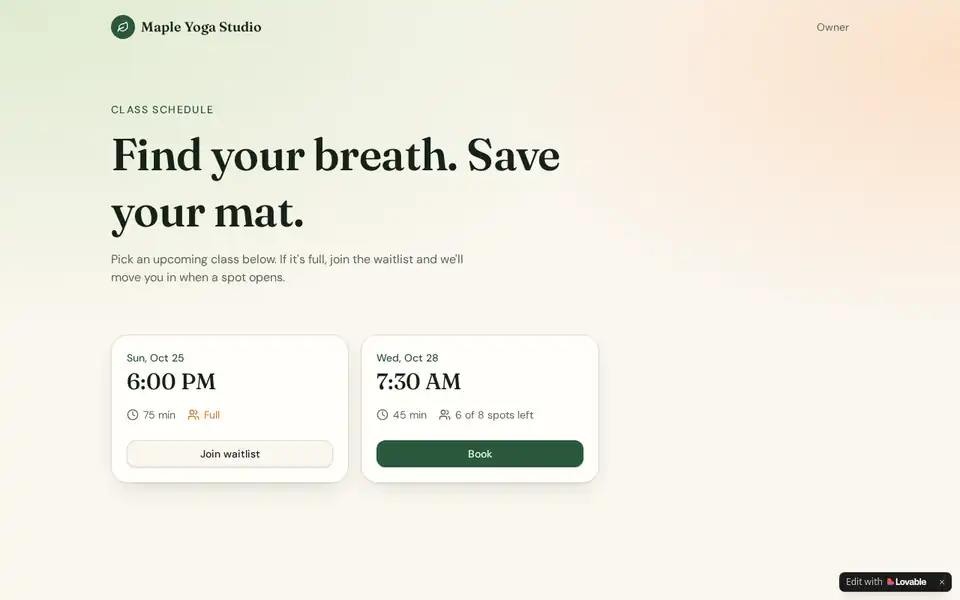 Lovable's live SlotKeeper home page on a laptop, headline "Find your breath. Save your mat."
