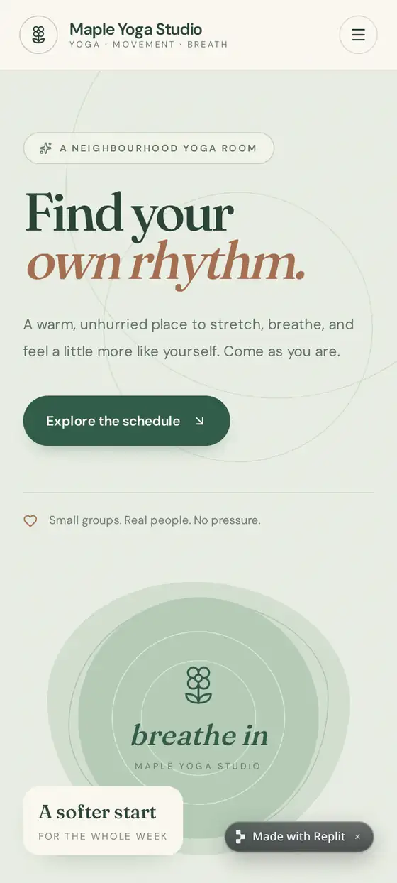 Replit Agent's live SlotKeeper home page on a phone, headline "Find your own rhythm."