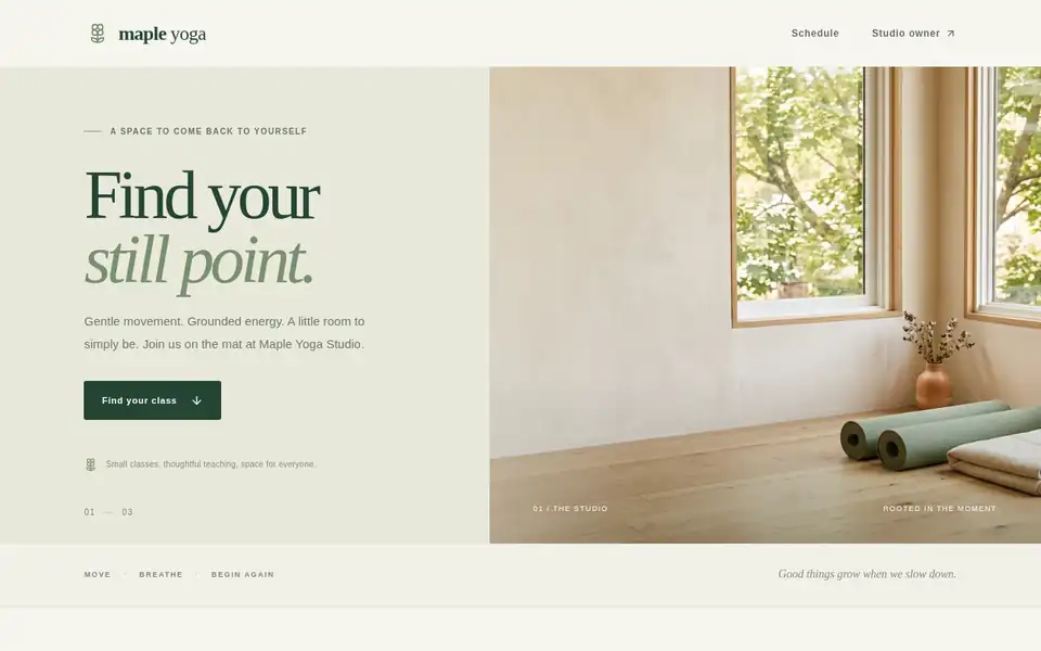 v0's live SlotKeeper home page on a laptop, headline "Find your still point."