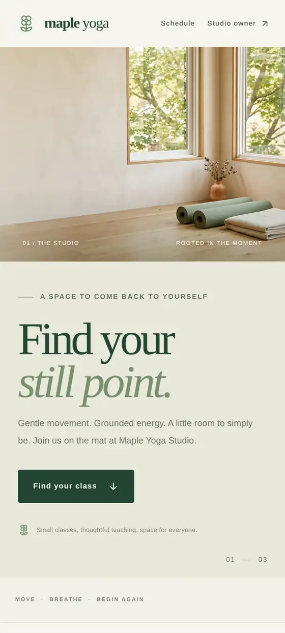 v0's live SlotKeeper home page on a phone, headline "Find your still point."