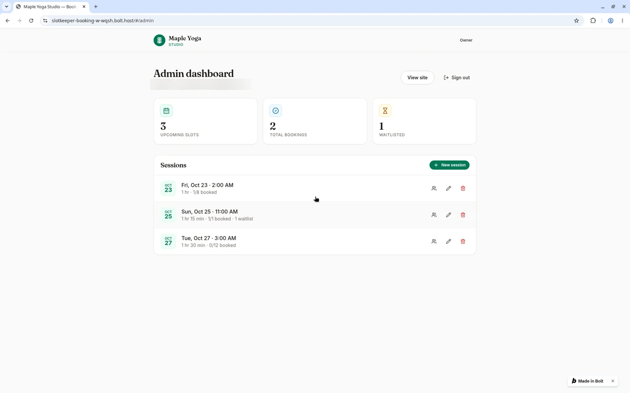 Bolt-built admin dashboard: stat cards for 3 upcoming slots, 2 total bookings and 1 waitlisted, above a Sessions list with view, edit and delete icons for each slot and a "New session" button