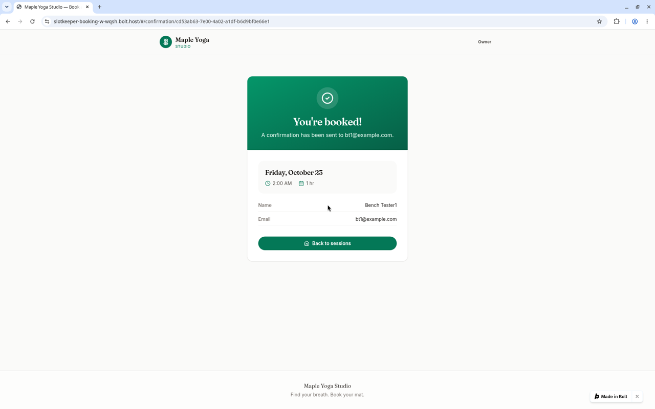 Bolt-built booking confirmation page: a green "You're booked!" card showing Friday, October 23, 2:00 AM, 1 hr, with the booker's name and test email and a "Back to sessions" button