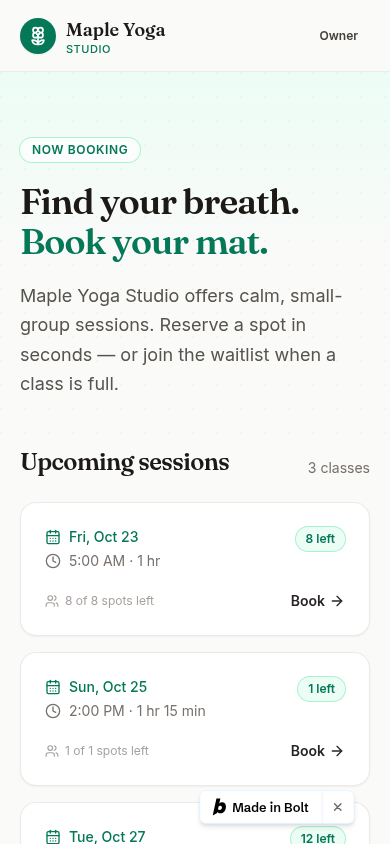 SlotKeeper booking page built by Bolt on mobile: the headline and stacked session cards, showing 5:00 AM and 2:00 PM slot times, with a small "Made in Bolt" badge near the bottom