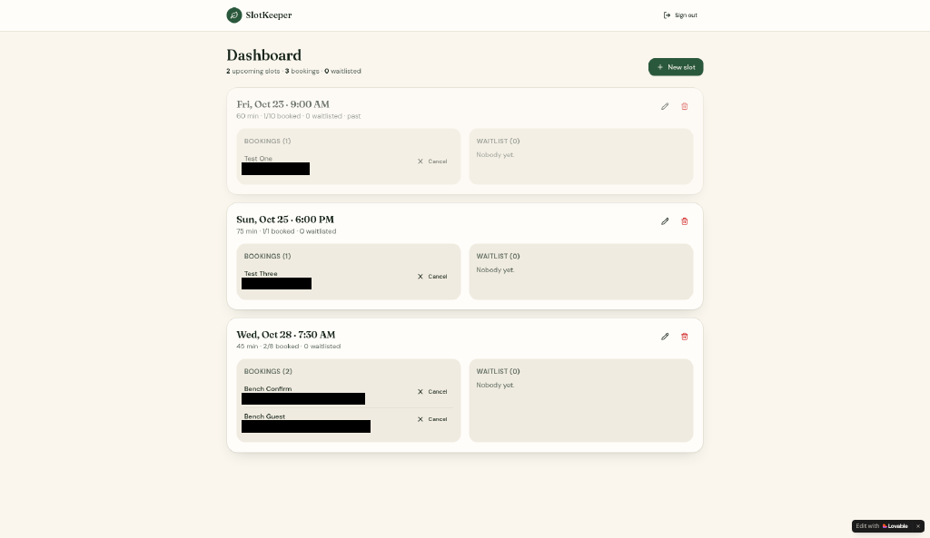 Lovable owner dashboard showing upcoming slots and bookings with email addresses redacted